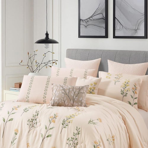 مفرش صيفي مقاس كوين 12 قطعة - كلاريس - كريمي غامق