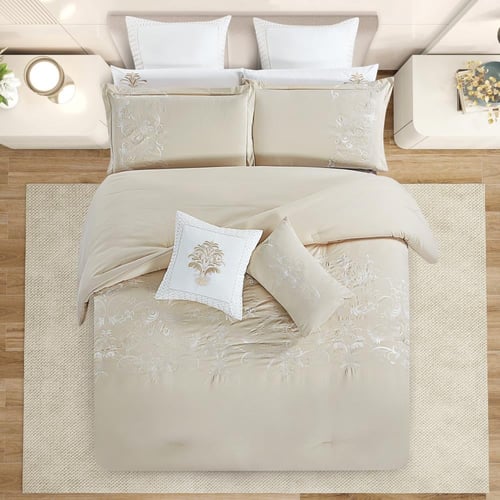 مفرش صيفي مزدوج مطرز فاخر 12 قطعة - اليسيا - بيج