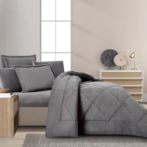 مفرش شتوي مخمل فرو مقاس كوين 6 قطع - لوريفا -رمادي...