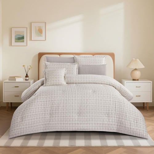 مفرش قطن صيفي مزدوج 8 قطع - زافيرا - بيج - رمادي