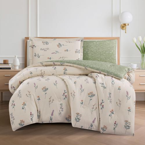 مفرش قطن صيفي مفرد ونص ٤ قطع - نولين - بيج - اخضر