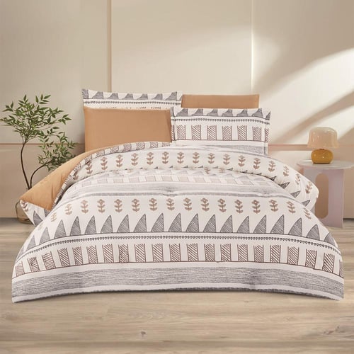 مفرش شتوي مزدوج مخمل 6 قطع - هيذر - أبيض - بني