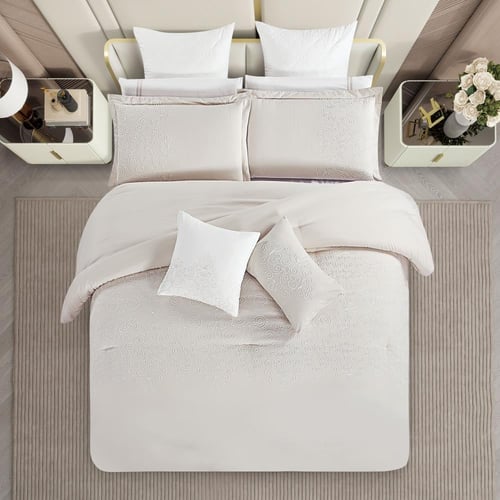 مفرش صيفي مزدوج مطرز فاخر 12 قطعة - سينيا - بيج فا...