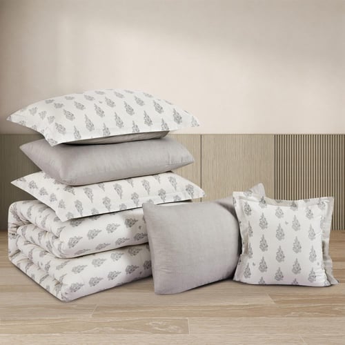 مفرش قطن صيفي مزدوج 8 قطع - زافيرا - كريمي - رمادي