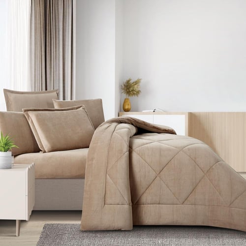 مفرش شتوي مزدوج مخمل فرو 6 قطع - جوانا -بيج غامق