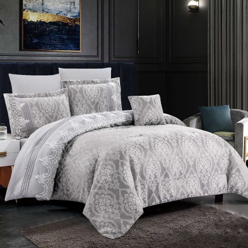 مفرش صيفي مزدوج جاكار 7 قطع - مارتينا - رمادي