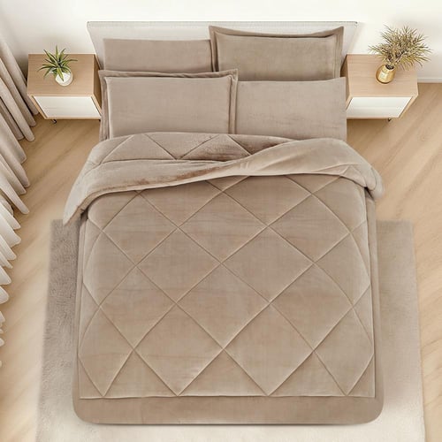 مفرش شتوي مزدوج مخمل فرو 6 قطع - جوانا -بيج غامق