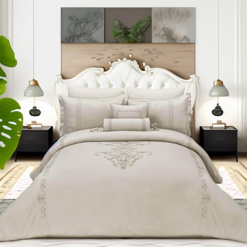 مفرش قطن صيفي مزدوج مطرز 8 قطع - بلانكا - بيج