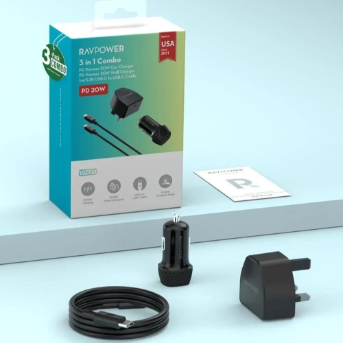 مجموعة RAVPOWER 3 في 1: شاحن سيارة (PD 20W) + شاحن...