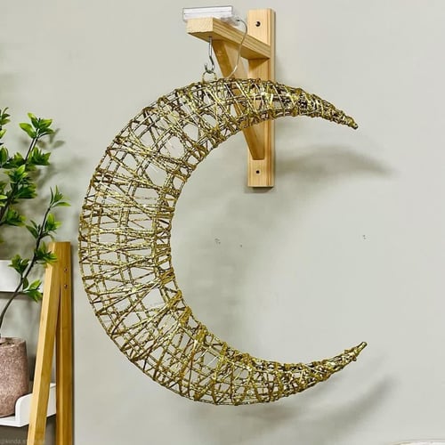 فانوس هلال كبير حديد ذهبي مع خيطان لامعه مضيء يعمل...