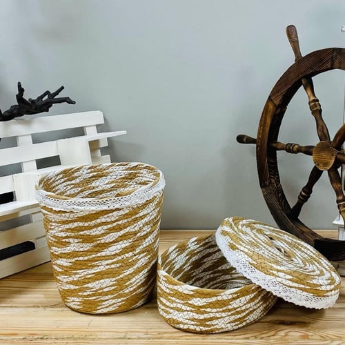 طقم سلة مهملات وعلبة مناديل كبيرة من ورق الموز بيج...