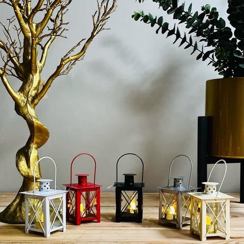 مجموعة فوانيس حديد ملونة 5 قطع مع شمعة مضيئة تعمل...