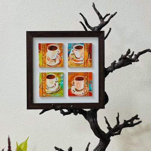 لوحة خشب جدارية مربع للكوفي بصورة 4 فناجين قهوة بص...