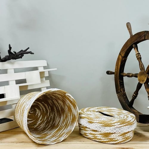 طقم سلة مهملات وعلبة مناديل كبيرة من ورق الموز بيج...