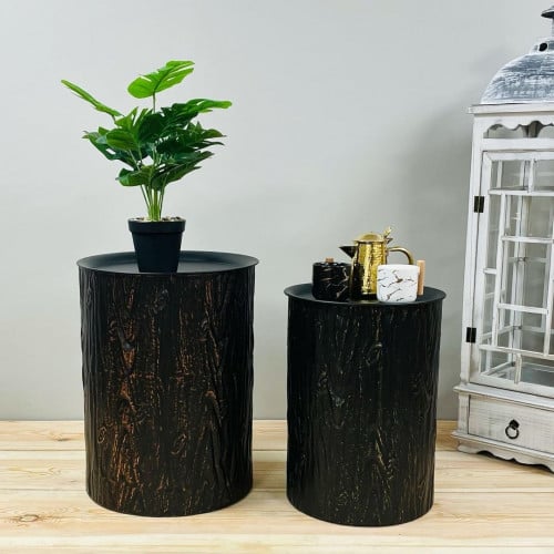 طقم طاولات خدمة وتقديم حديد اسود مع عروق بنيه بدرج...