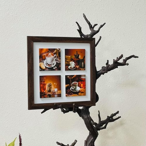 لوحة خشب جدارية مربع للكوفي بصورة 4 فناجين قهوة مع...