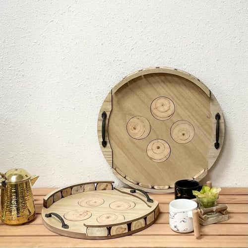 طقم صواني تقديم خشب 2 قطعة دائرية بحواف جذع الشجرة...