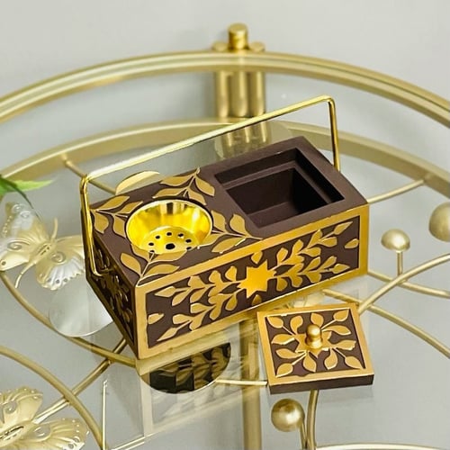 مبخرة سيراميك بني وذهبي مع صندوق للبخور ومسكة يد ذ...