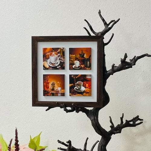 لوحة خشب جدارية مربع للكوفي بصورة 4 فناجين قهوة مع...