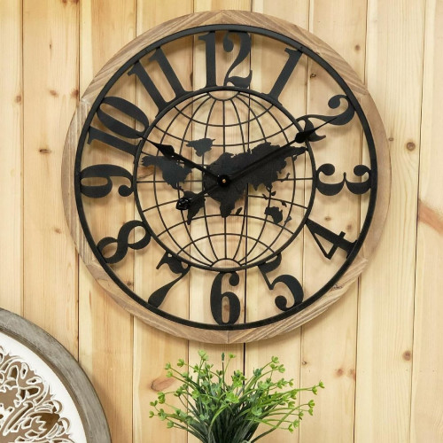 ساعة جدارية حديد اطار خشب تعمل بالبطارية