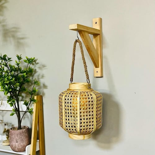 فانوس خشب و خيزران بحبل تعليق وزجاجة للشمعة