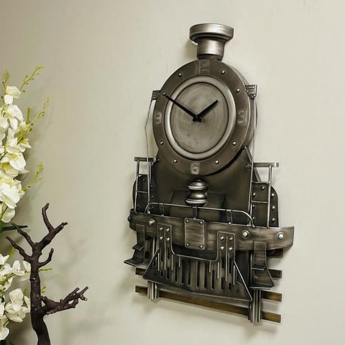 ساعة جدارية رمادي معتق حديد بعقارب سودا لواجهة قطا...