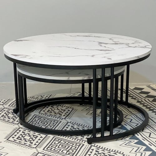 طقم طاولات مدورة حديد سطح خشب شكل رخامي 2 قطعة