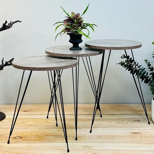 طقم طاولات خدمة وتقديم خشب مدور رسمة رخام رصاصي عر...