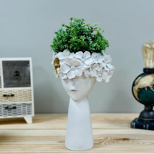 فازة انتيك سيراميك ابيض وجه بنت بتاج ورد