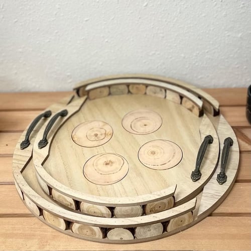 طقم صواني تقديم خشب 2 قطعة دائرية بحواف جذع الشجرة...