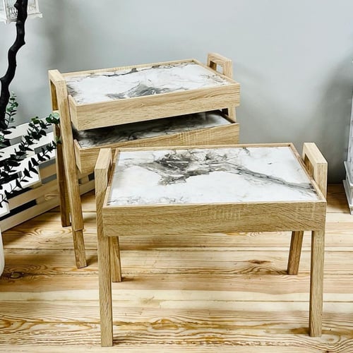 طقم طاولات خدمة وتقديم خشب بيج برسمة رخام 3 قطع نف...