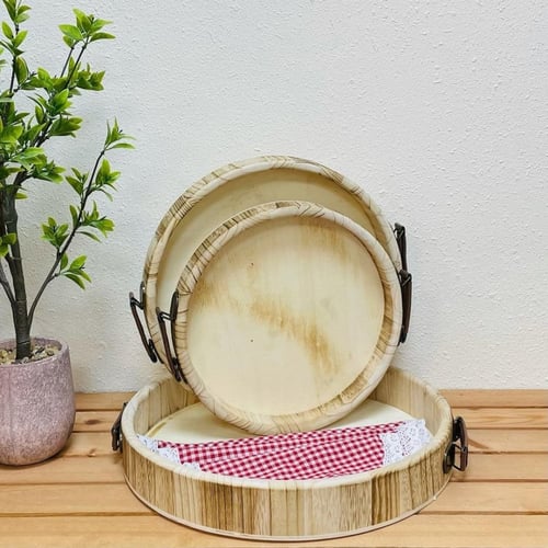 طقم صواني تقديم خشب 3 قطع دائرية بحواف بمسكات جلد...