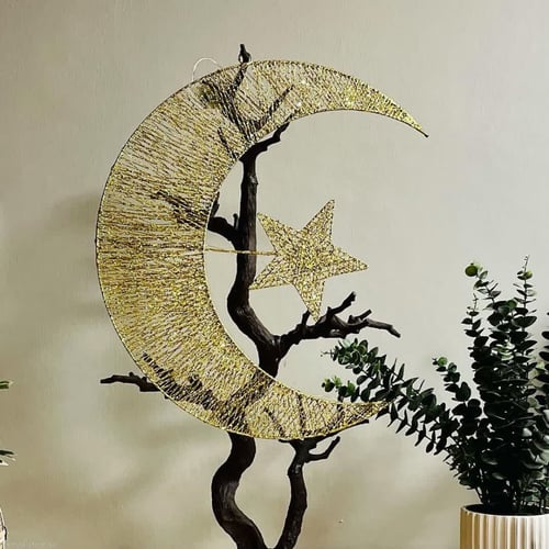 فانوس هلال كبير مع نجمة حديد ذهبي مع خيطان لامعه م...