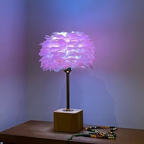 ابجورة ريش بينك زهري بقاعدة خشبية تعمل على الكهربا...