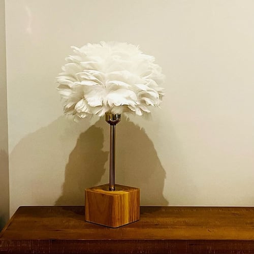 ابجورة ريش ابيض بقاعدة خشبية تعمل على الكهرباء من...