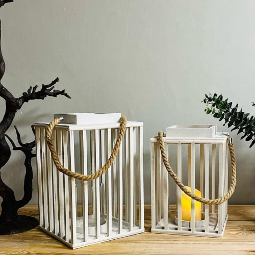 فانوس وسط خشب ابيض ريفي وحامل شموع مع زجاجة للشمعة