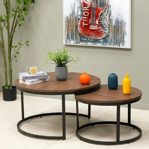 طقم طاولات حديد سطح خشب 2 قطعة