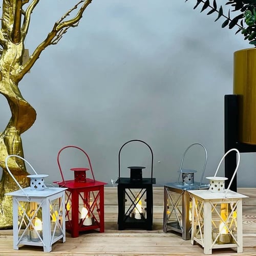 مجموعة فوانيس حديد ملونة 5 قطع مع شمعة مضيئة تعمل...