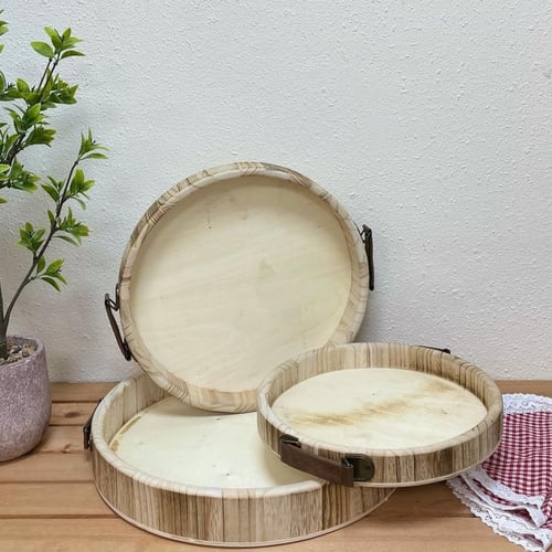 طقم صواني تقديم خشب 3 قطع دائرية بحواف بمسكات جلد...