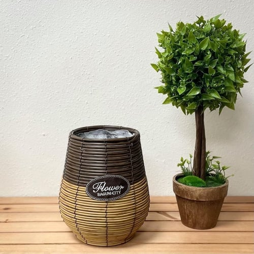 سلة حوض للزرع خيزران بني وبيج