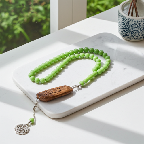 سبحة بكلايت فاخرة لون أخضر مع كسرة عود مروكي حفر ل...