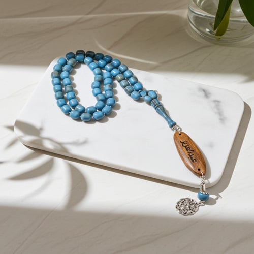 سبحة بكلايت فاخرة لون سماوي مع كسرة عود مروكي حفر...