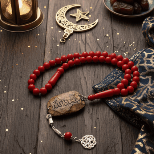 سبحة بكلايت فاخرة لون أحمر مع كسرة عود مروكي حفر ل...