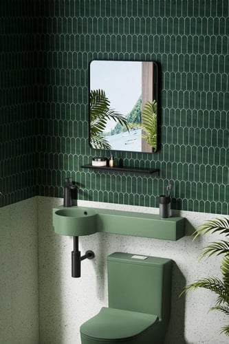 حوض غسيل حائطي سيراميكي – أخضر أنيق للشقق الصغيرة