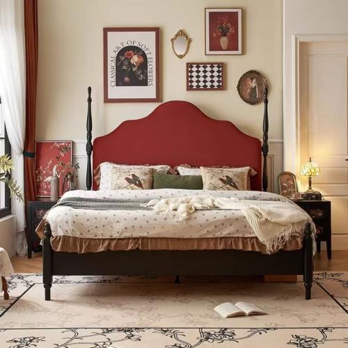 سرير أحمر كلاسيكي من الخشب الصلب – فخامة مستوحاة م...