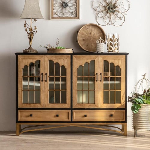 خزانة كتب وخزانة عرض ريفية أمريكية – خشب صلب ببابي...