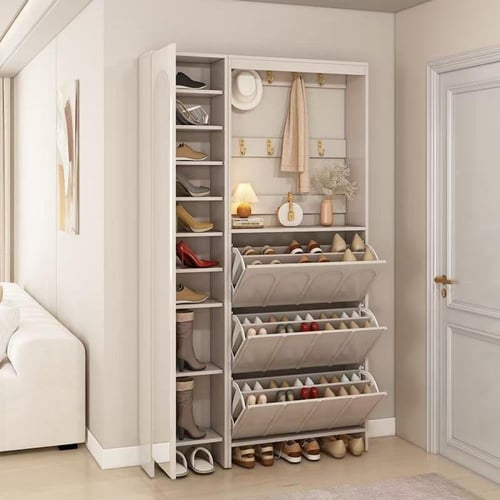 خزانة أحذية رفيعة مع مرآة كاملة الطول ورف معاطف