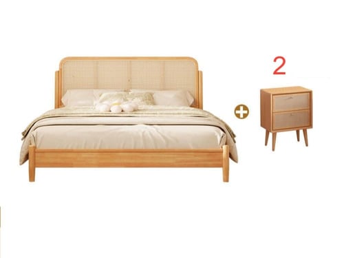 طقم غرفة نوم – سرير مزدوج من الخشب الصلب مع طاولتي...