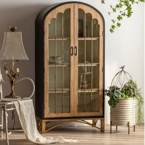 خزانة كتب وخزانة عرض ريفية أمريكية – خشب صلب ببابي...