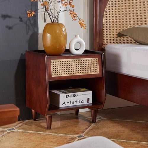 سرير خشبي متين – مزدوج وفردي مع لوح رأس من الخيزرا...